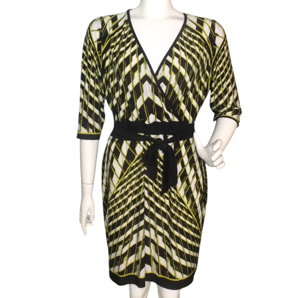 CALVIN KLEIN Dress, 12, Geometric, Half sleeve, Sash/Belt, Chartreuse/Black